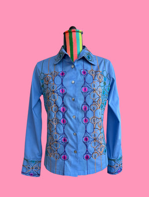 Blue Cotton with Peacock Embroidery.