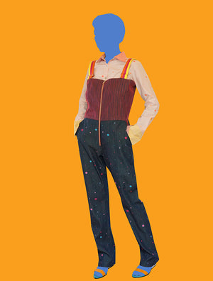 Denim Overalls with Multicolored Dots and Stripes