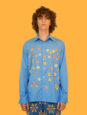 Embroidered Pinwheel Flowers Shirt in soft Blue Cotton