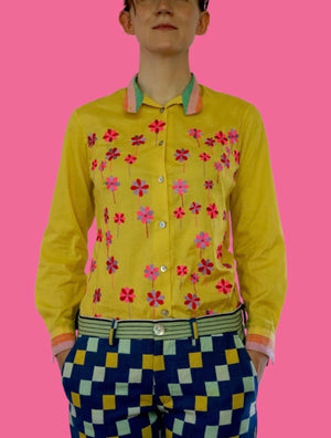 Band Collar Shirt with Pinwheel Flower Embroidery