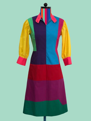 Geometric Color-Block Zip-Front Dress