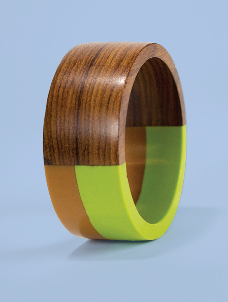 Wide Lime and Café-au-Lait Resin and Wood Bracelet