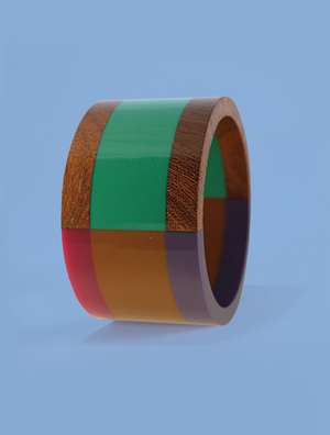 Wide Multicolored Resin and Wood Bracelet in Teal and Rose